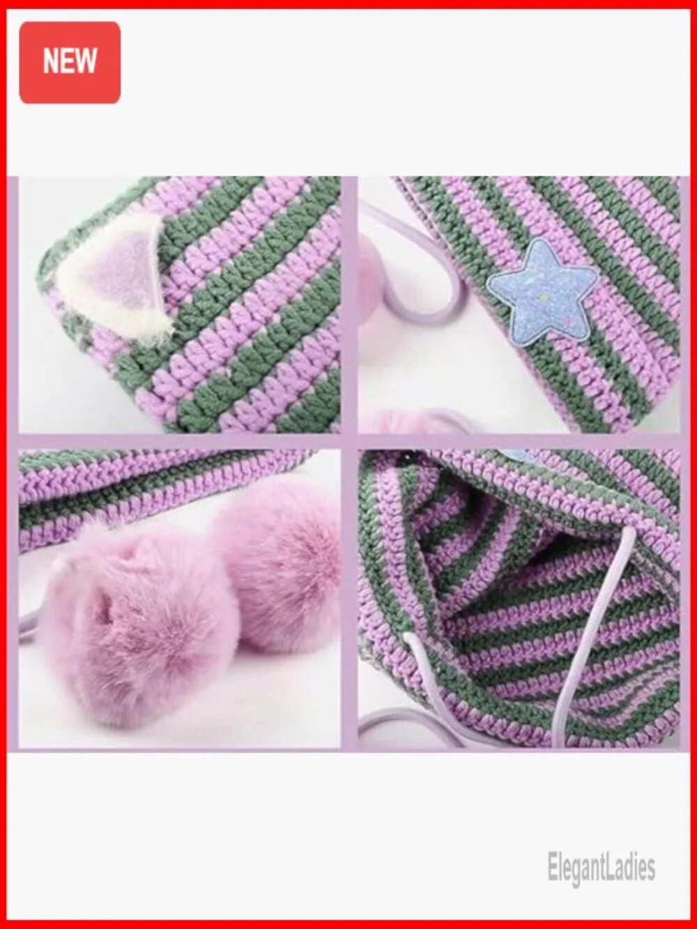 Y2K Crochet Beanie Cat Ear Star Grunge Aesthetic Pompoms Cute Kawaii Hat